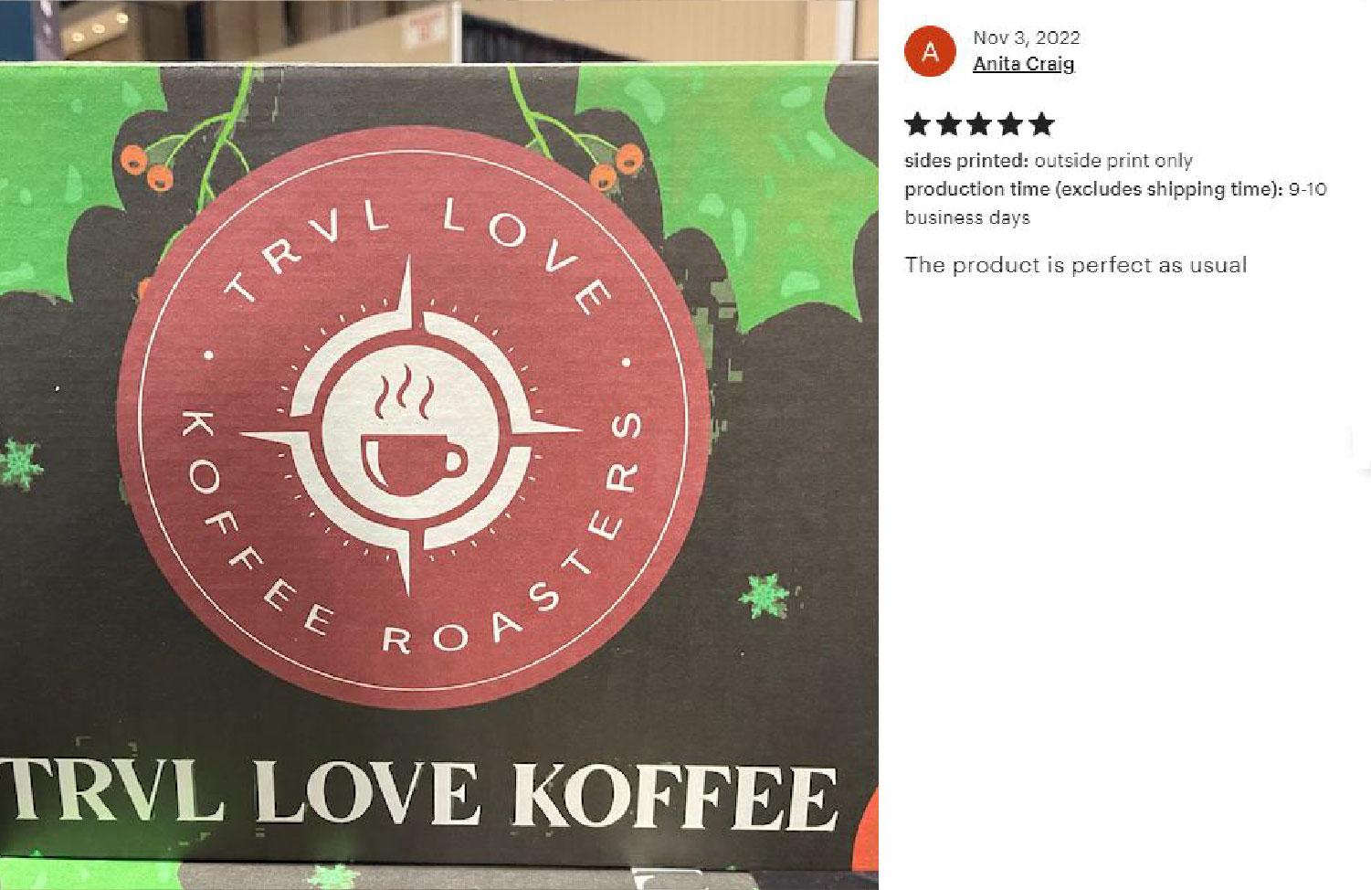 Kraft box with circular 'Love Koffee' branding and stylized coffee cup