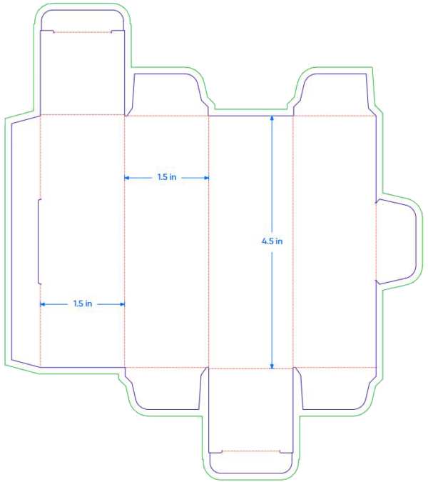 custom mailer box dieline template for a 1.5x1.5x4.5 custom shipping box, showing measurements and fold lines.