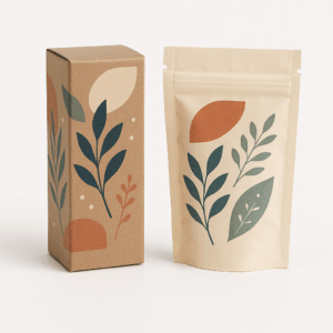 A photo-realistic product layout featuring a 2 x 2 x 5 inch custom folding carton box and a matching stand-up pouch, both with coordinated modern branding. The packaging displays an elegant botanical design in earthy tones of kraft brown, green, and terracotta, set against a pure white background with soft lighting.