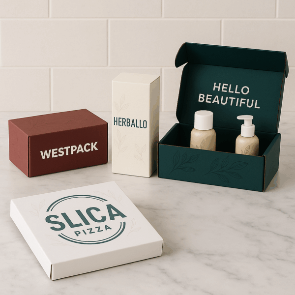Four custom printed boxes for different packaging types, displayed on a marble countertop with a tile backsplash.