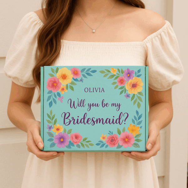 A bride presenting personalized bridesmaid boxes filled with gifts like flowers and macarons in a cozy, elegant setting