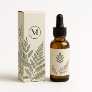 Photo of a 1x1x6 inch custom product box for dropper bottles. A tall folding carton popular in supplement and wellness packaging.