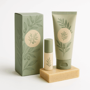 Image of a 3x2x5 inch rectangular folding carton product box used for soaps, hand creams, and flatter cosmetics. Sleek, efficient custom packaging design.