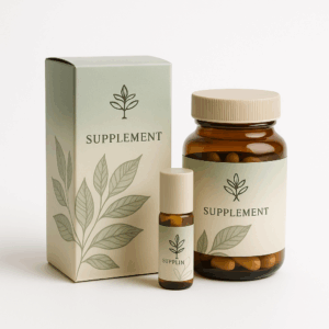 Retail-ready 3.5x2.25x5.5 inch folding carton for supplement kits and wellness items. Custom printed packaging box for health products.