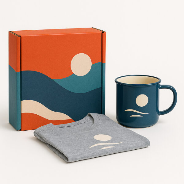 Product display featuring a custom box quote example with branded merchandise and packaging mockup