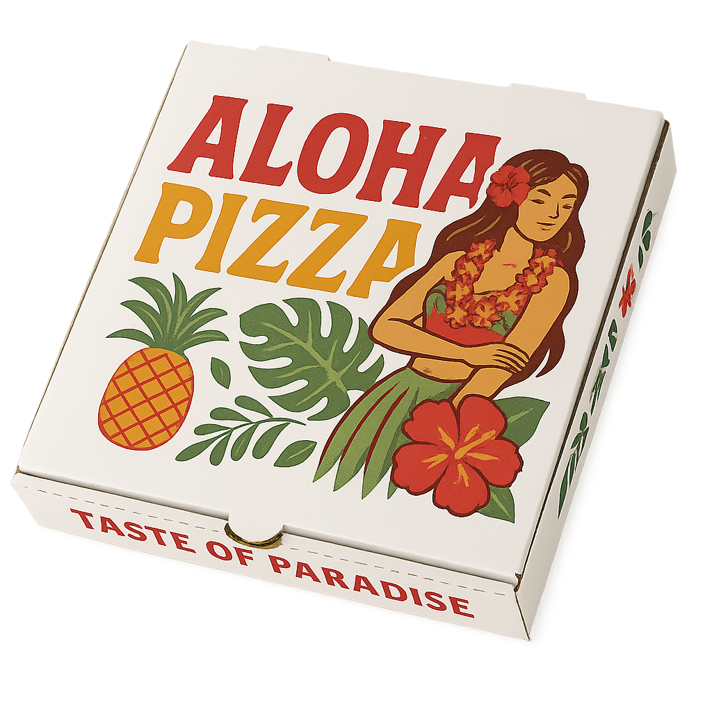 Custom printed pizza box with Hawaiian design – Aloha Pizza packaging
