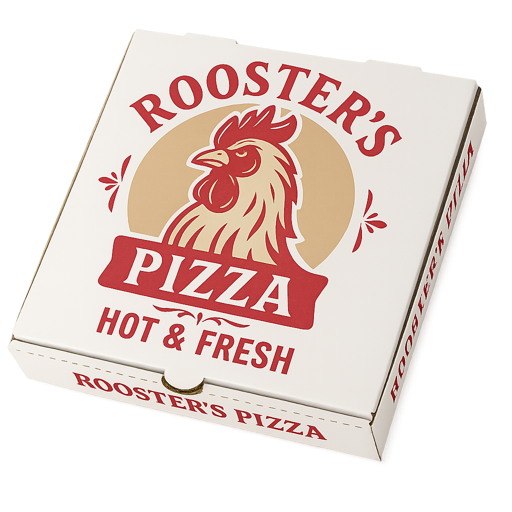 Rooster’s Pub pizza box with logo print